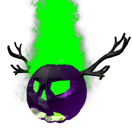 Doomsekkar: a dark purple pumpkin with a lime green glow inside, black antlers and a column of green fire.